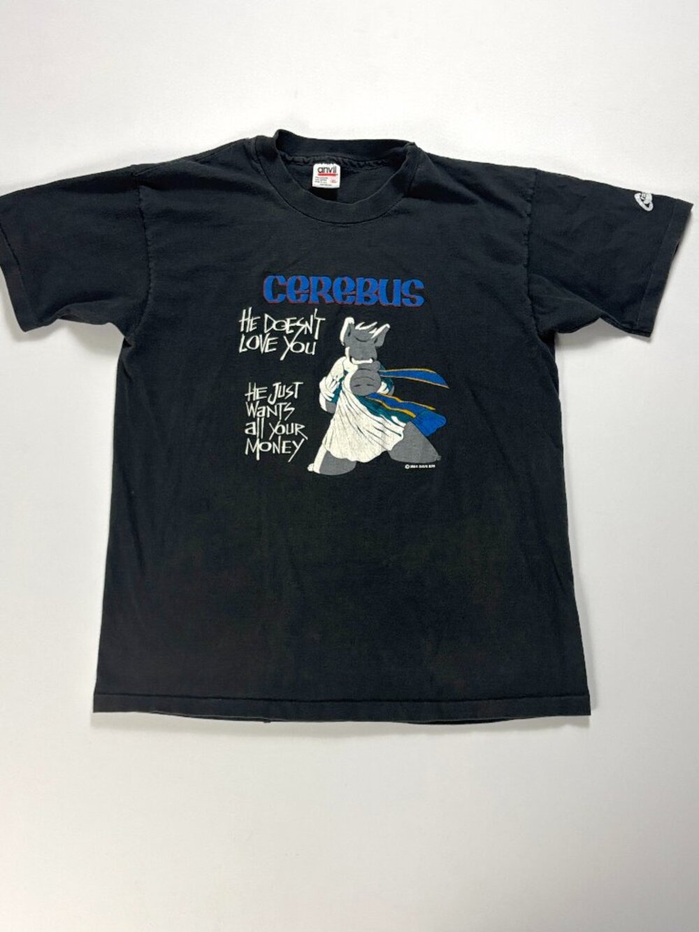Vintage Cerebus T Shirt Faded Black Sz L (Tag XL) Dave Sims 1984 Comic Anvil USA